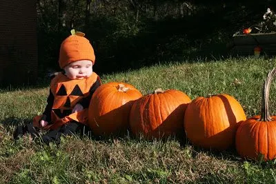 Baby in a Halloween costume in a pumpkin patch