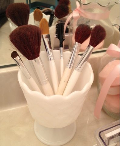 Milk Glass Bathroom Organization Idea