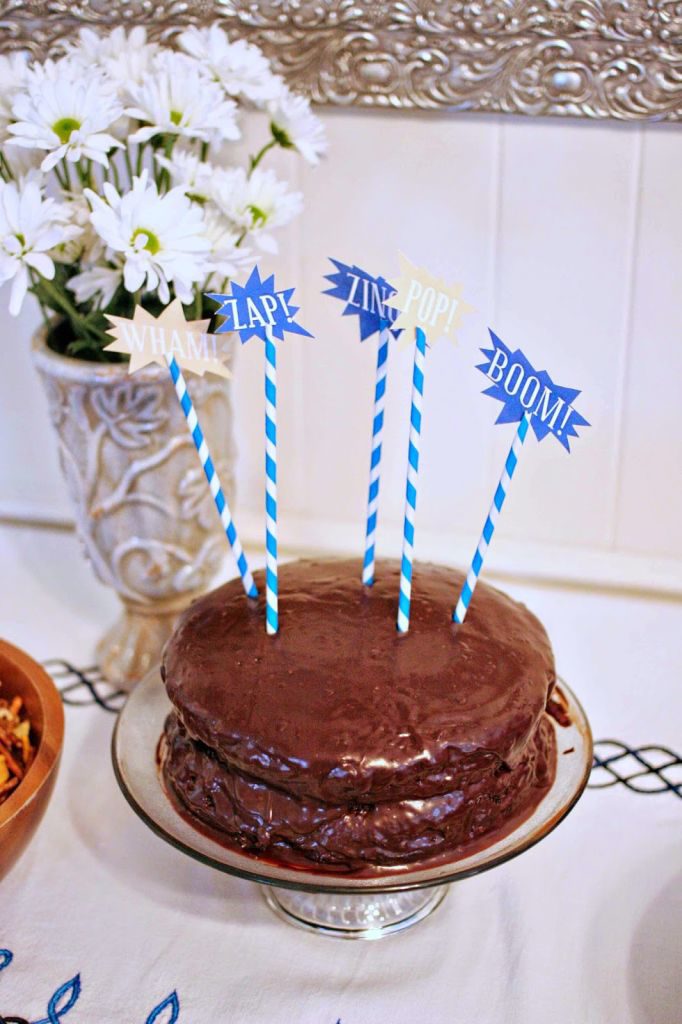 Superhero Birthday Cake with Superhero Cake Toppers and Superhero Phrases