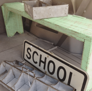 Vintage bench, SCHOOL sign and metal bins from Repurposed Soul 