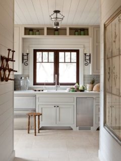 dark wood window trim in white kitchen