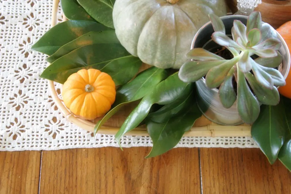 A simple fall centerpiece with pumpkins, magnolia leaves and succulents. #Thanksgiving #Tablescape