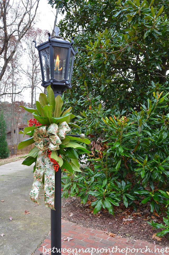 magnolia leaves around a lamp post
