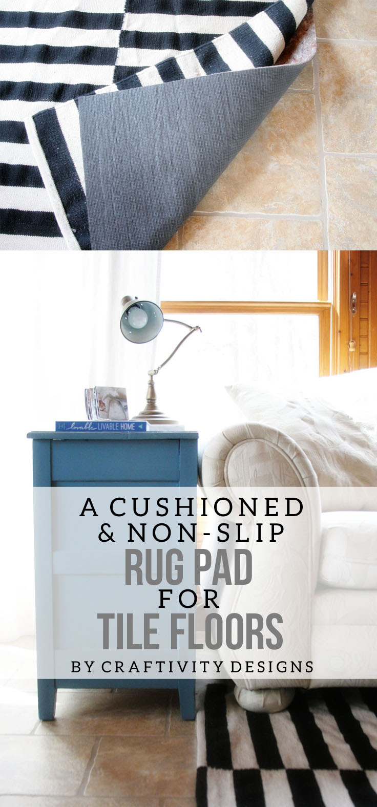 Choosing a Rug Pad for Tile Floors by @CraftivityD // Sunroom, Family Room, Black & White Rug
