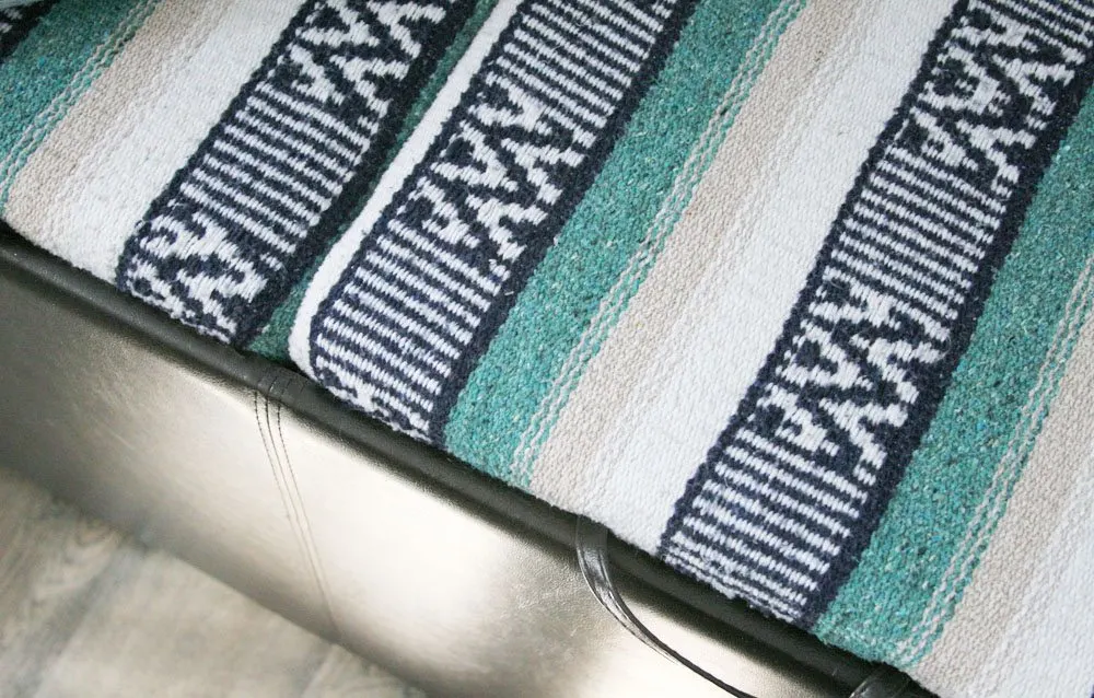 Storage Ottoman Makeover -- Reupholster an Ottoman -- Update a plain Ottoman or Bench with a Festival Blanket -- Mexican Blanket Projects -- DIY, Light & Bright Eclectic Home Tour by @CraftivityD