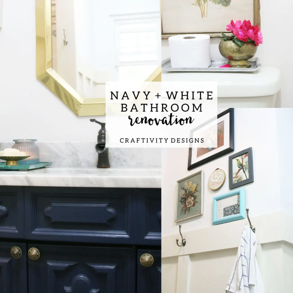 Navy and white bathroom renovation with vintage art, marble, board and batten. Ideas for a small bathroom or guest bath makeover. by @CraftivityD