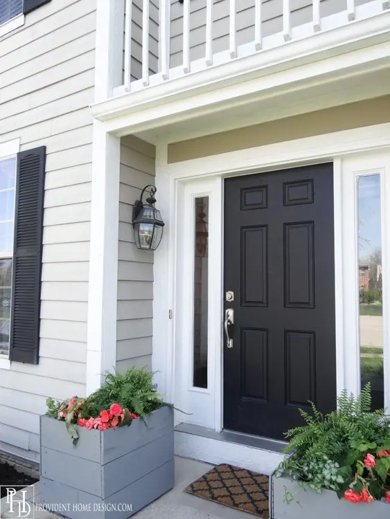 Black front door ideas contrasting a light home exterior