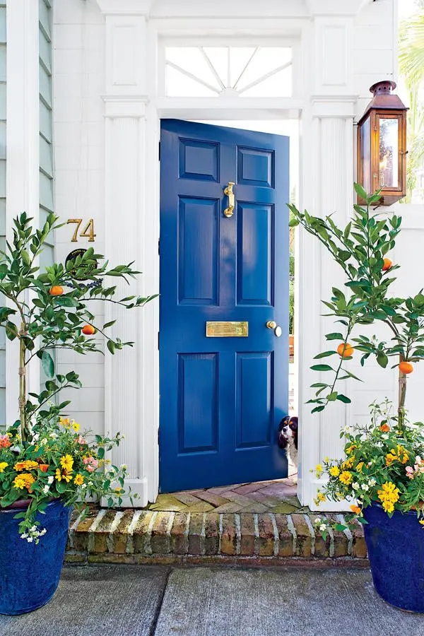 White and blue-green exterior with cobalt blue door and planters