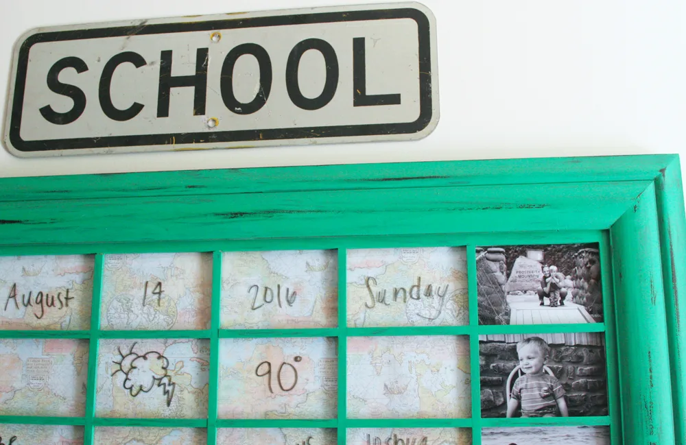 vintage school sign hanging over family command center