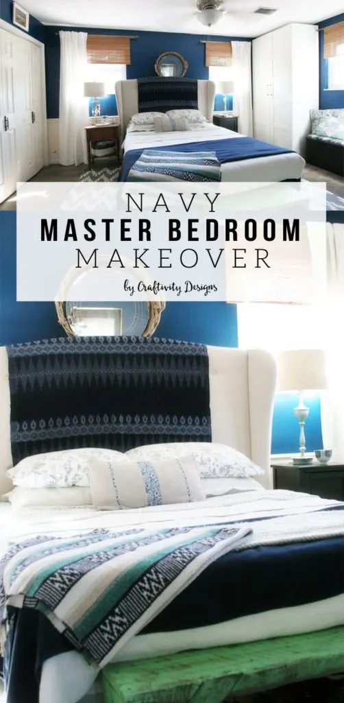 A navy master bedroom, featuring white bedding, bamboo blinds, an upholstered headboard and plenty of storage with large wardrobes and a smart floor plan.