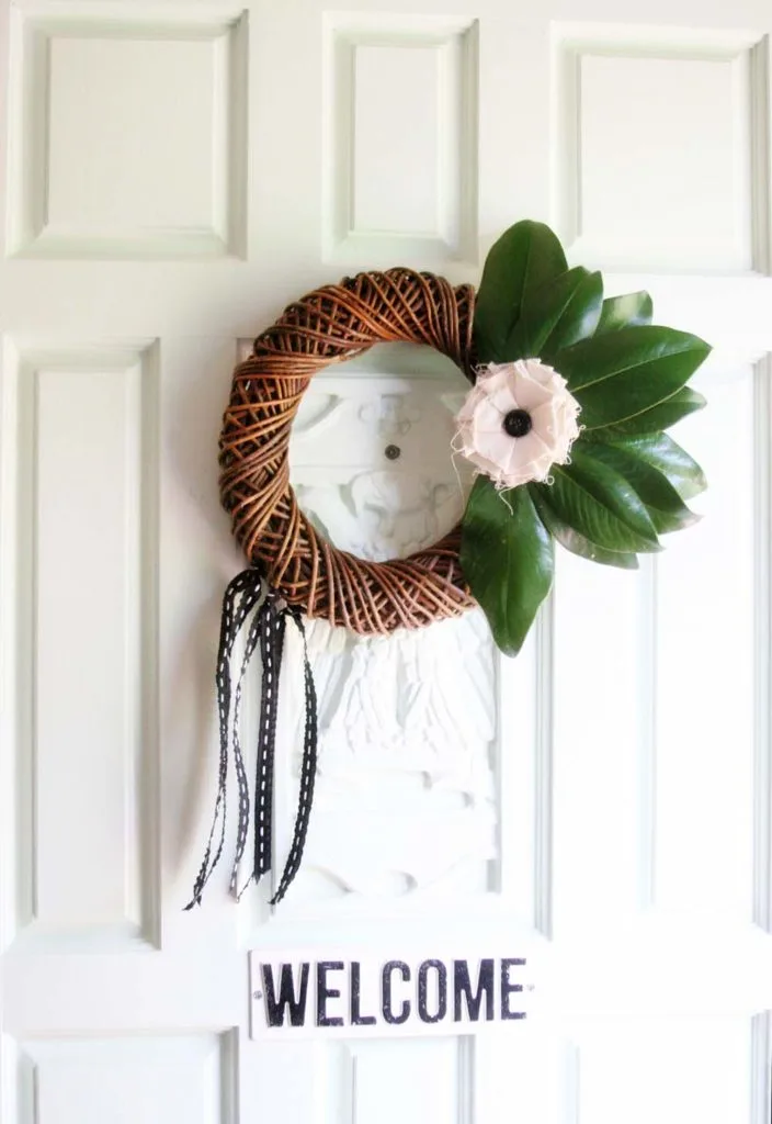 simple spring wreath with magnolia leaves
