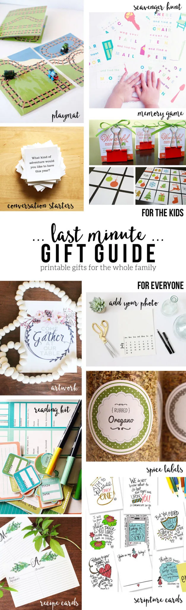 A Last Minute Gift Guide with Creative Ideas that won't seem last-minute! Everything is printable from games, to recipe cards, to calendars and more! Gifts for kids and adults -- all you will need is a printer and cardstock. by @CraftivityD