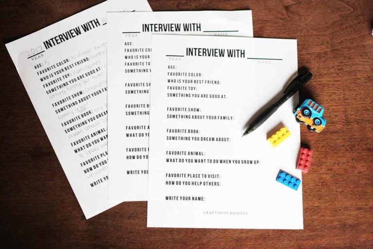Get this set of 14 Interview Questions for Kids to complete each year. Use it as a Birthday Interview or at the start of the New Year. I great activity to jot down memories. Click the image to get the Free Printable by @CraftivityD