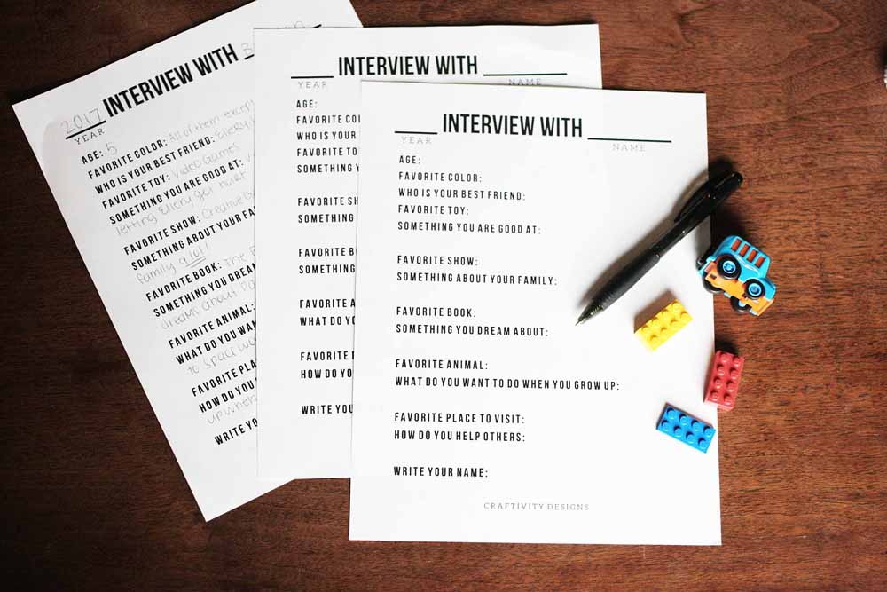 Get this set of 14 Interview Questions for Kids to complete each year. Use it as a Birthday Interview or at the start of the New Year. A great activity to jot down memories. Printable Templates for Kids. Click the image to get the Free Printable by @CraftivityD