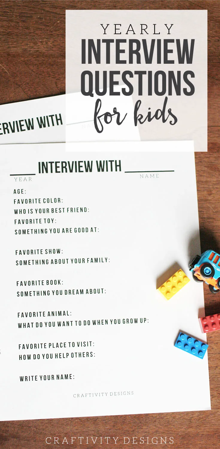 Get this set of 14 Interview Questions for Kids to complete each year. Use it as a Birthday Interview or at the start of the New Year. A great activity to jot down memories. Printable Templates for Kids. Click the image to get the Free Printable by @CraftivityD