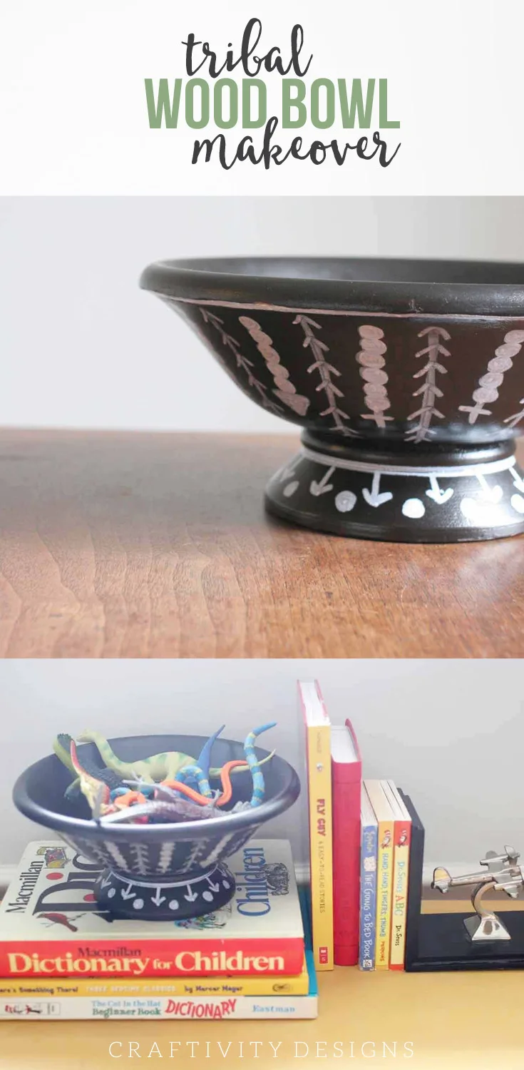DIY Tribal Wood Bowl Makeover, Thrift Store Upcycle, Update a wooden bowl with a tribal look to store keys, small toys, etc. by @CraftivityD