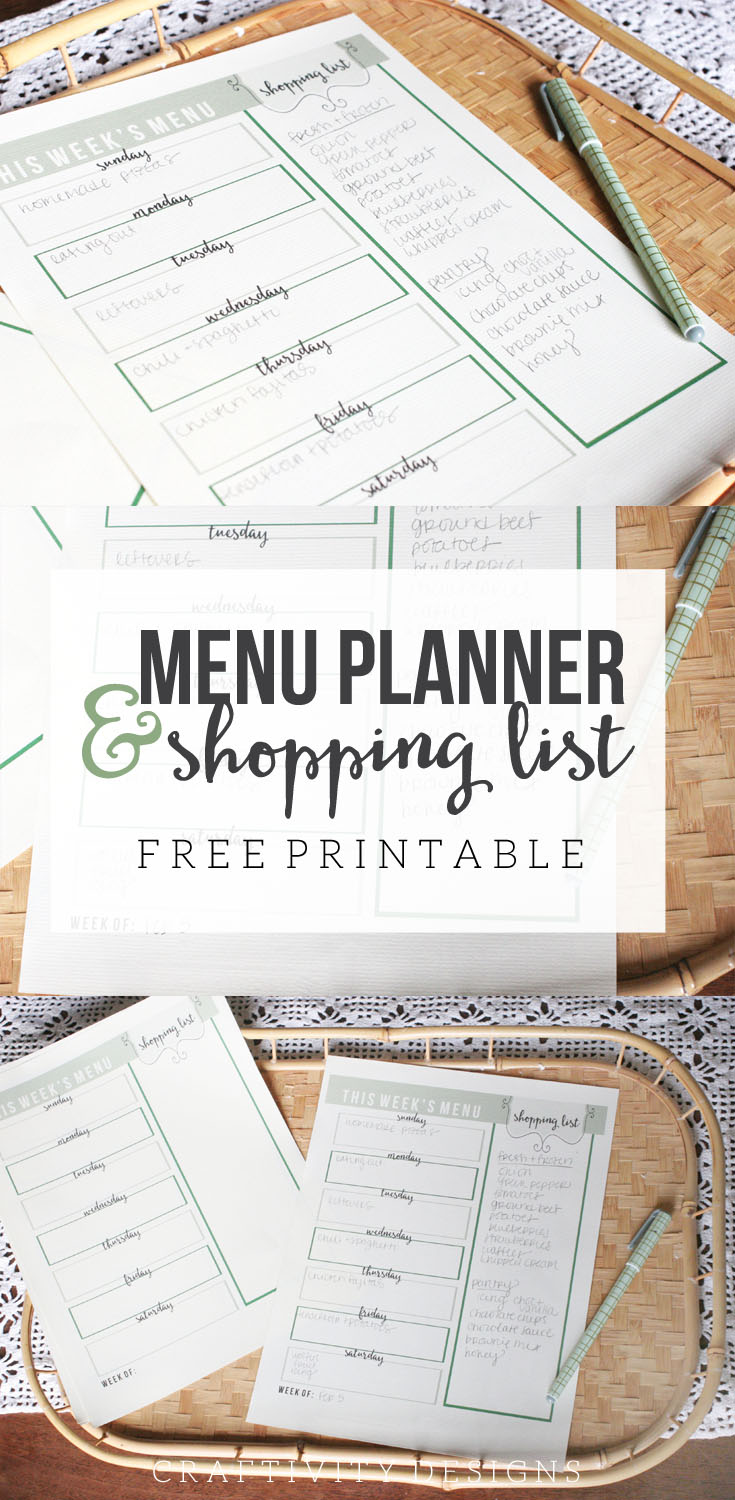 Download a FREE Menu Planning Printable that includes a shopping list. Grocery List and Meal Planner in one! by @CraftivityD