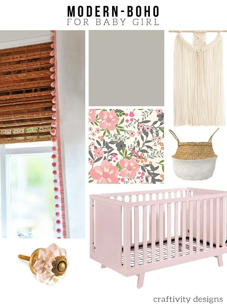 Sources for a modern bohemian nursery for baby girl. A mix of modern and bohemian style in this nursery mood board. One Room Challenge - PLAN - Nursery Makeover.