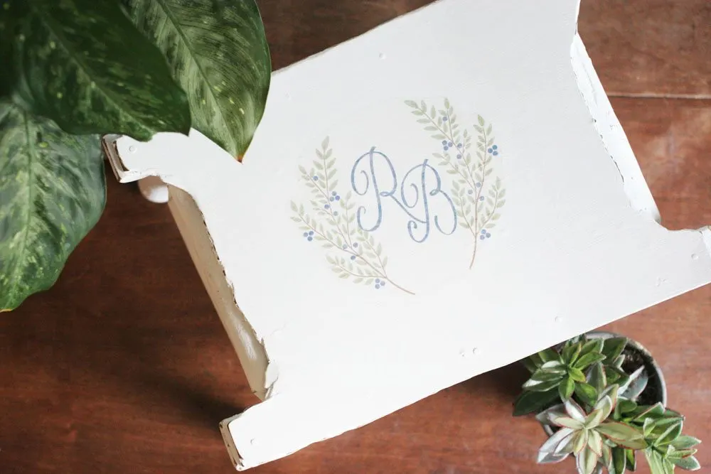 How to Embrace the Imperfections in Heirloom Furniture. How to add a monogram to furniture. Plus, a FREE Printable Laurel Wreath. Craftivity Designs