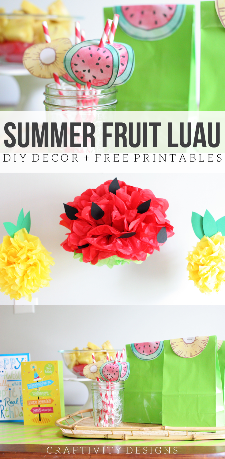 Summer Fruit Luau, Summer Party Ideas, DIY Luau Decorations, Pineapple Party, Watermelon Party, Watermelon Pom Pom, Pineapple Pom Pom, Free Printable, Watermelon Goodie Bag Topper, Pineapple Topper, Pineapple Straw Decoration, Watermelon Straw Decoration by Craftivity Designs