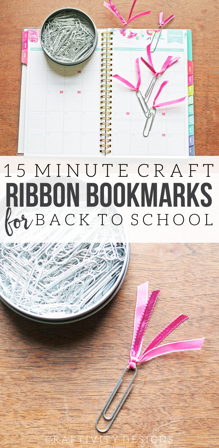How to make Ribbon Bookmarks from Paper Clips. A 15 Minute Back to School craft. Match the bookmarks to an agenda or a notebook for pretty organization! by Craftivity Designs