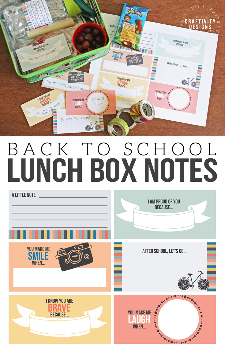 Back to School Lunch Box Notes. Ease your child's Back to School fears with an encouraging set of free Lunch Box Cards. This set of 6 lunch box note templates will brighten their day! Click to download the FREE printable.