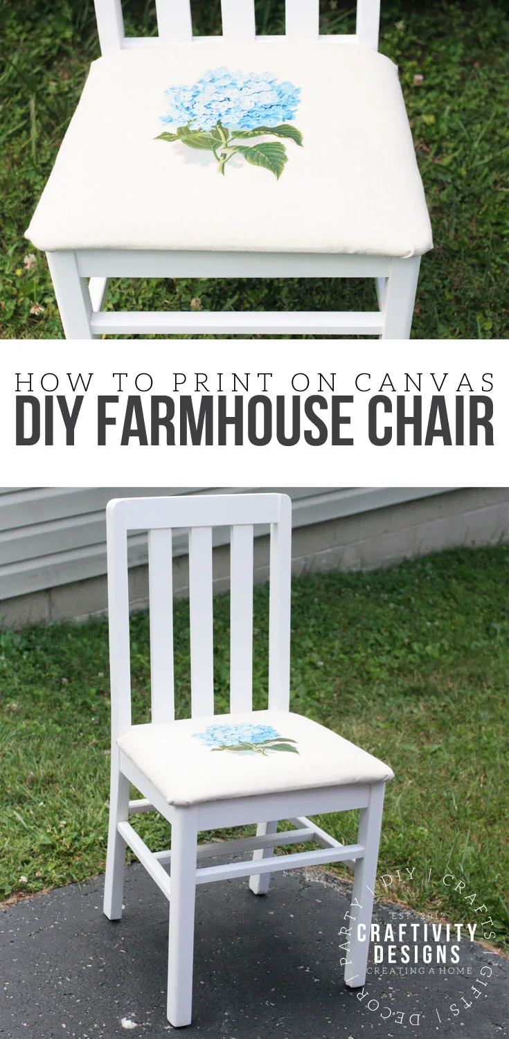 How to make a DIY Farmhouse Chair. Furniture Makeover. How to print on canvas. Hydrangea on Canvas. #repurpose, #farmhouse