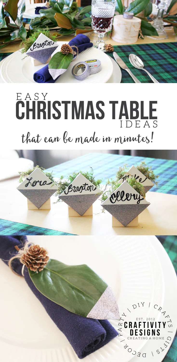You'll love these easy Christmas table ideas that can be made in minutes, including DIY napkin rings, name card holders, and drink markers. #tablescape #party #christmas