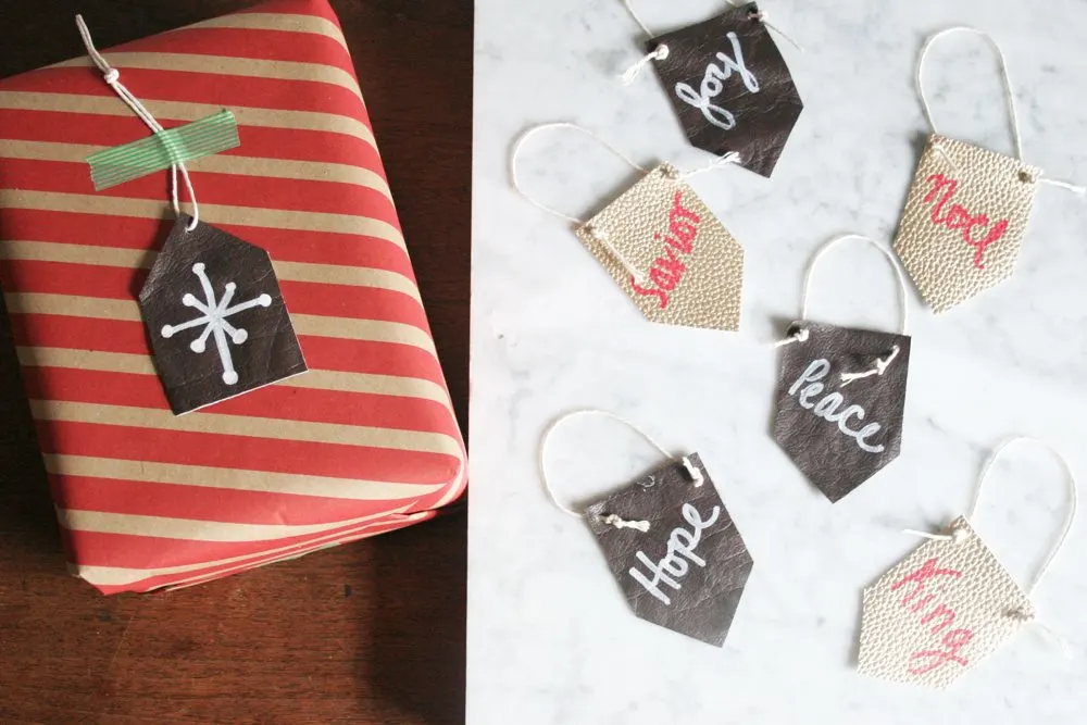 How to make Leather Gift Tags, Leather Labels, Leather Tags, #giftforhim #leathercrafts How to make Leather Christmas Ornaments, Mini Leather Pennants, Modern Rustic Christmas #diyornament
