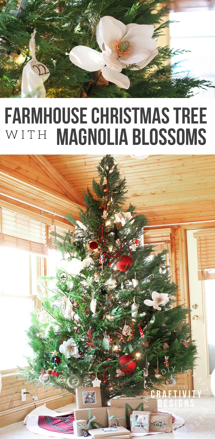 Learn how to decorate a southern style Christmas Tree with magnolia blossoms. The Magnolia is a perfect addition to your Farmhouse Christmas tree. #magnolia #farmhouse #christmas