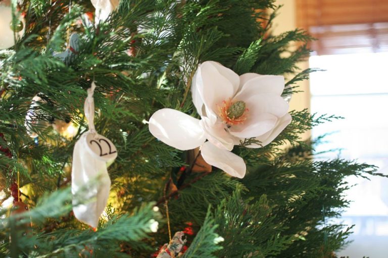 Learn how to decorate a southern style Christmas Tree with magnolia blossoms. The Magnolia is a perfect addition to your Farmhouse Christmas tree. #magnolia #farmhouse #christmas