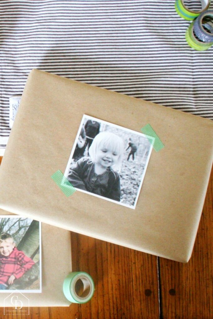 photo gift tag on kraft paper gift wrap