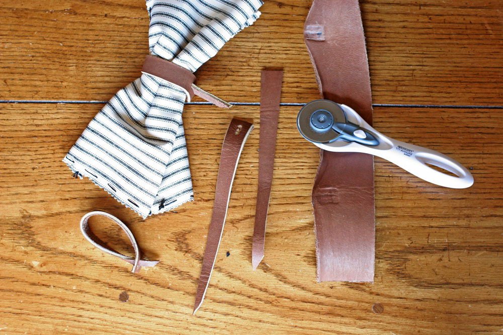 leather scraps, rotary cutter, diy napkin rings, ticking cloth napkin