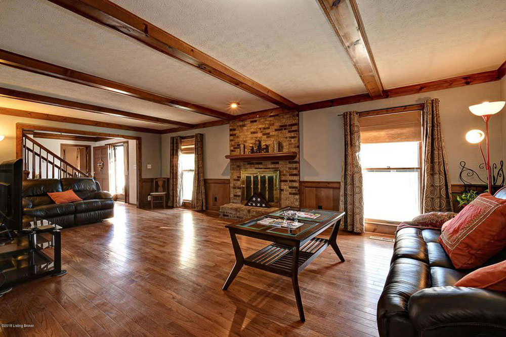 Living Room before Modern Cottage Remodel, Dark Wood and Brick Fireplace, by Craftivity Designs