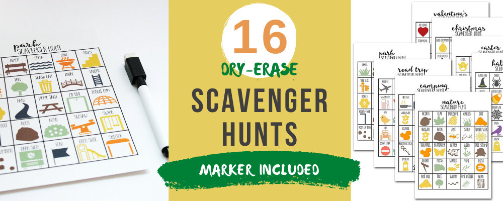16 dry-erase scavenger hunts for kids marker included