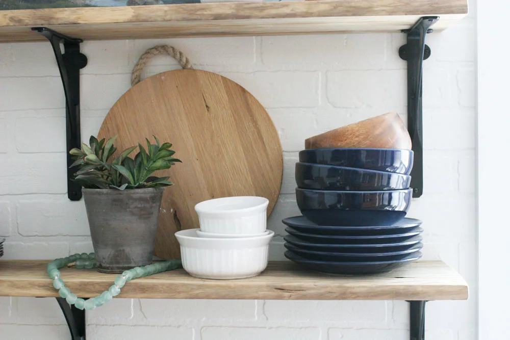 open shelving kitchen brick backsplash subway tile