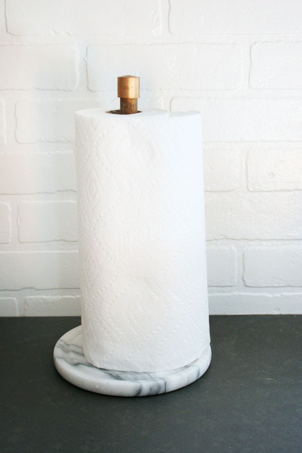 diy paper towel holder, modern, marble, wood, brass