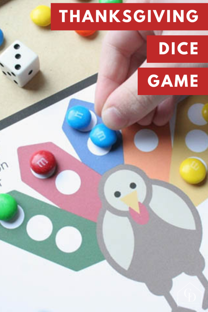 Free Printable Thanksgiving Dice Game for Kids played with M&Ms