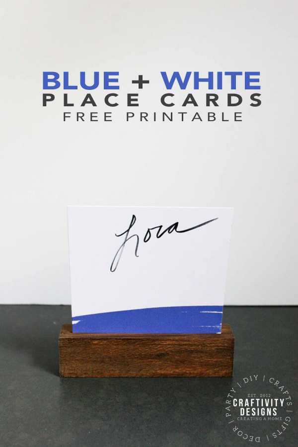 White and Navy Place Card in Wood Place Card Holder