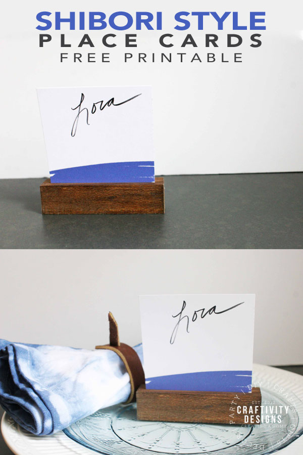 White and Navy Place Card in Wood Place Card Holder