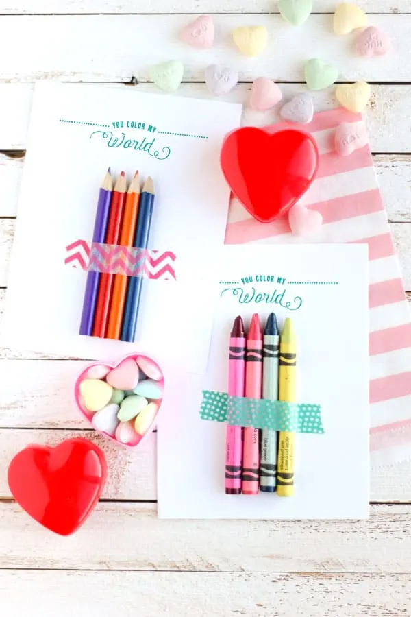 candy-free valentines with colored pencils and crayons