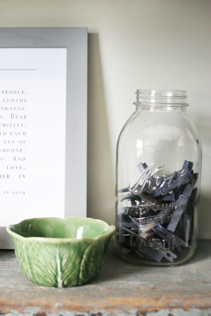 laundry room storage, store odds and ends from pockets in a bowl, store clothespins in a mason jar