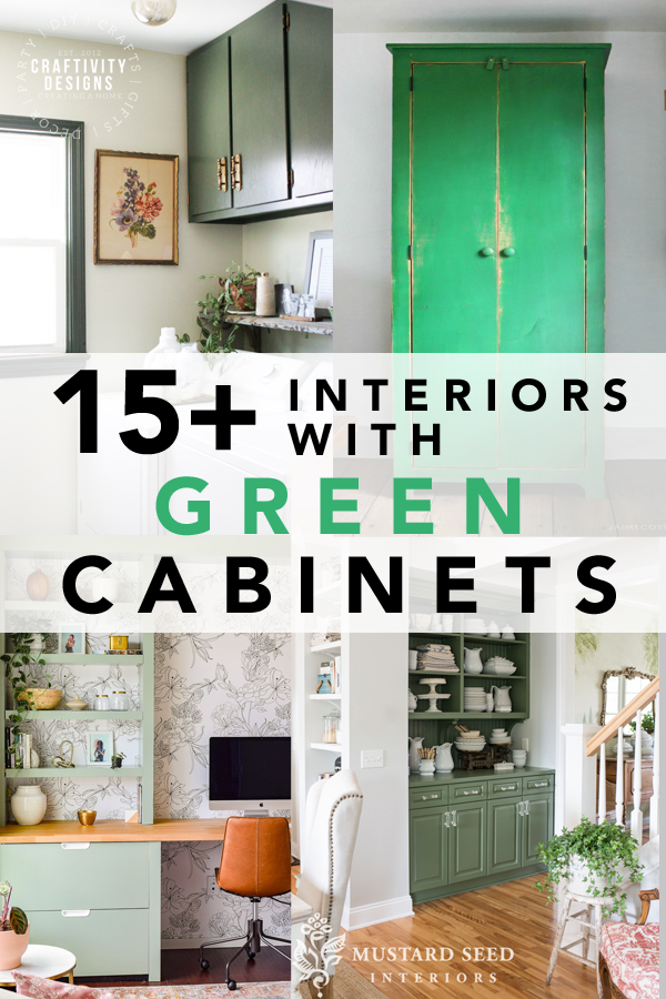 15 homes with green cabinets in kitchens, laundry rooms, bathrooms, and mudrooms