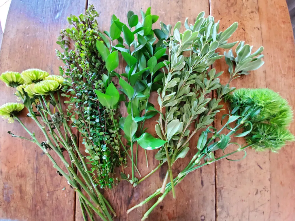 various green flowers and leafy stems for an all green flower arrangement
