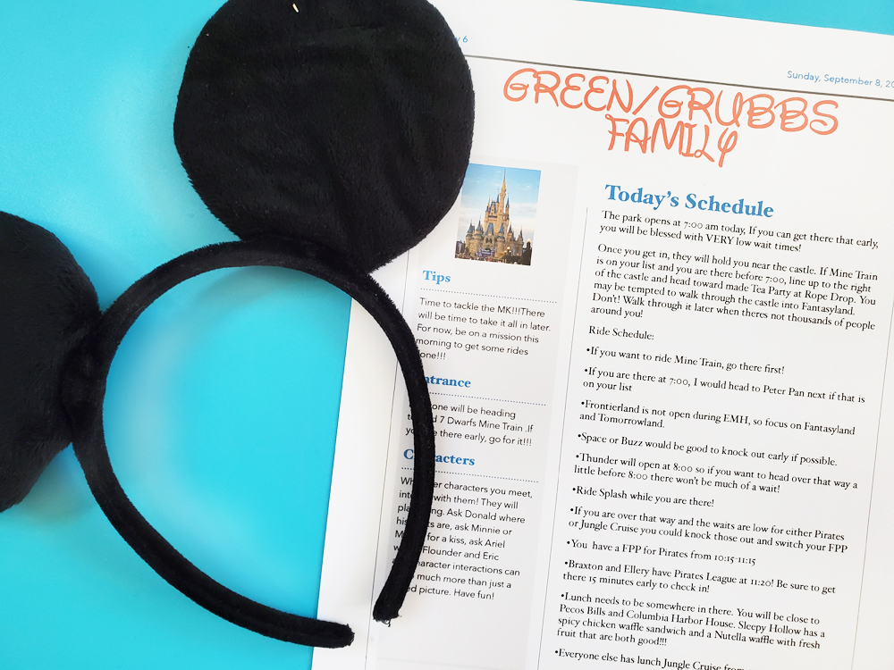 Personalized Disney Itinerary from Magical Memories Tours and Travel with Mickey Ears