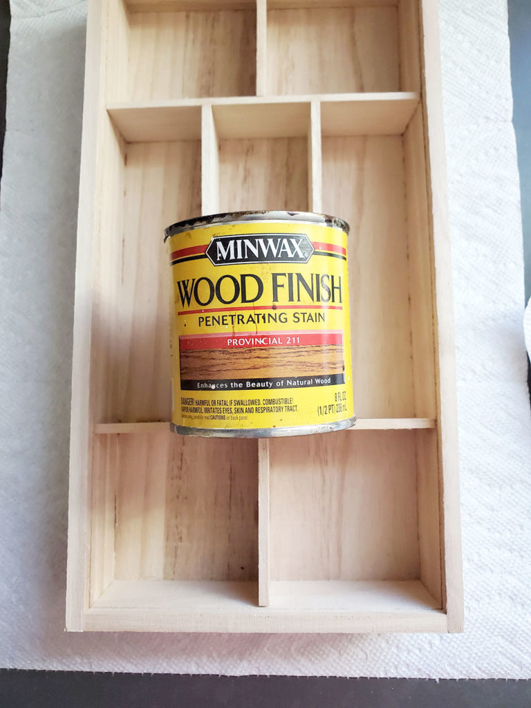 Minwax Provincial Wood Stain on a unfinished wood essential oil shelf