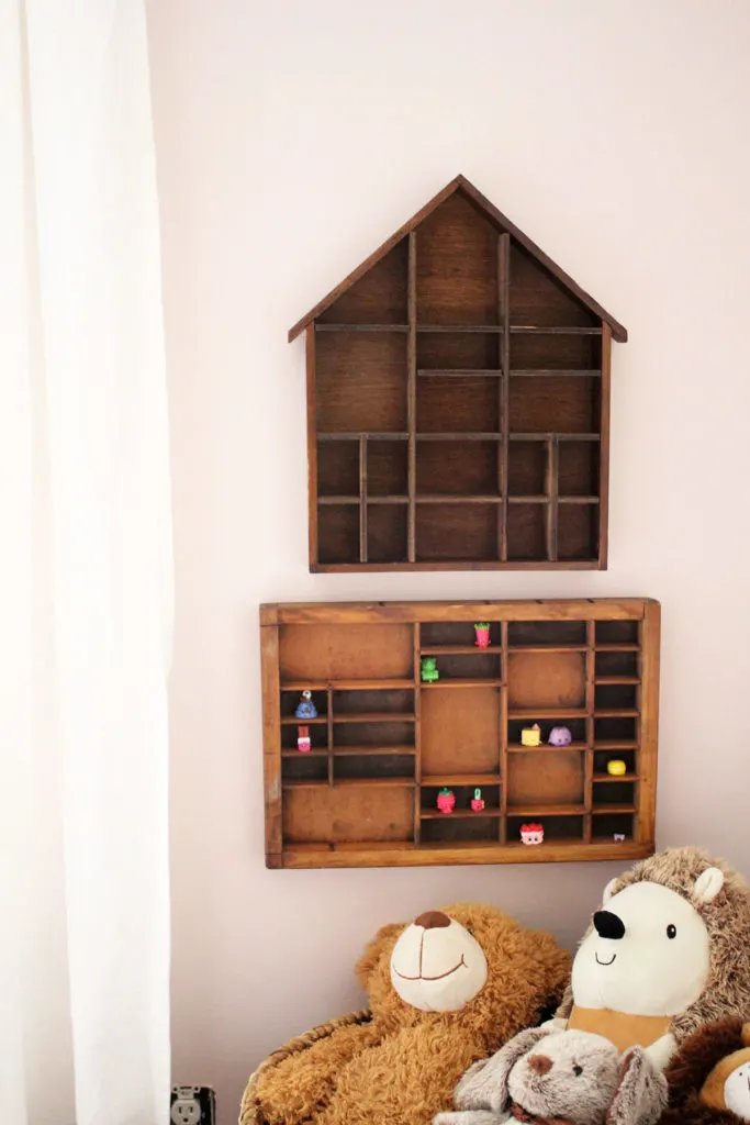 A pink bedroom with wood shadowboxes on the wall - ideas for a little girls bedroom - by Craftivity Designs