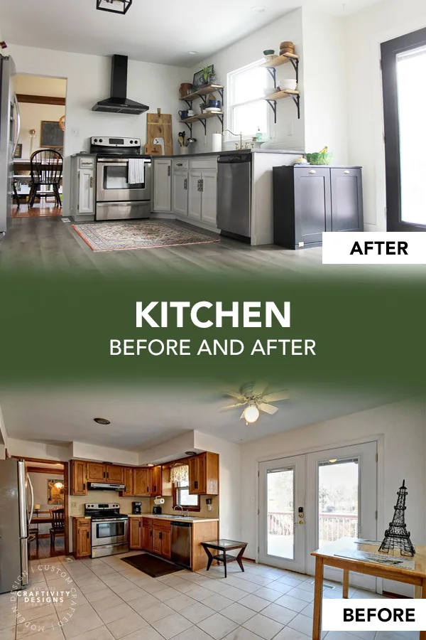 Kitchen Before and After with Painted Cabinets and Open Shelving