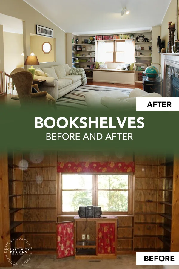 Built-In Bookshelves in a Living Room Before and After Makeover with White Paint