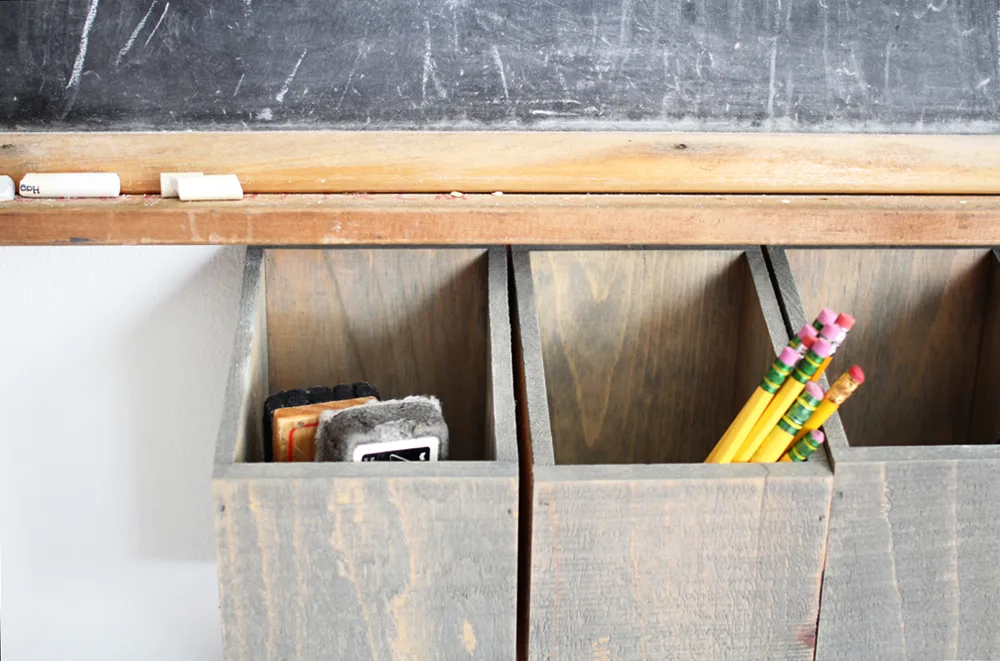 Chalkboard and wall mounted wood bin organizer